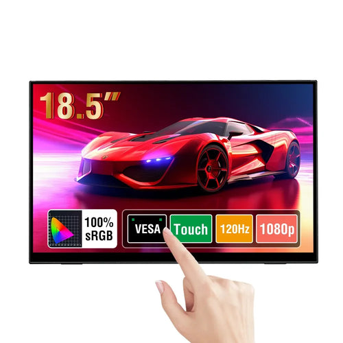 18.5" Anmite portable touch monitor displaying a car graphic, highlighting VESA, 100% sRGB, 120Hz, and 1080p specs.