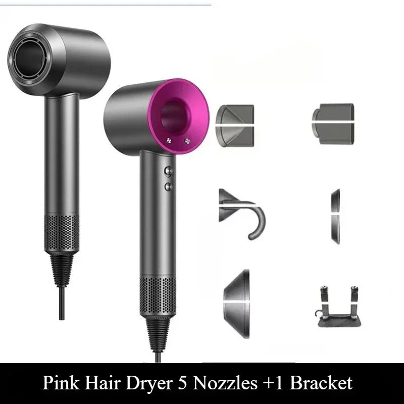 5-in-1 professional pink and grey hair dryer with 5 styling attachments and wall bracket for smooth, heat-safe hair.