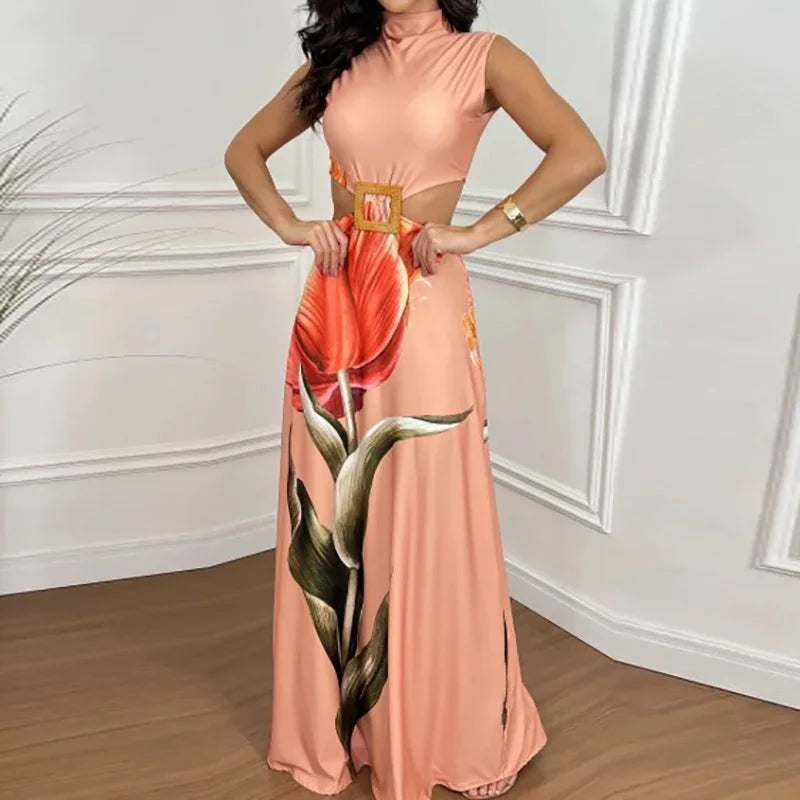 Solid Patchwork Hollow Out Fashion Maxi Dress, Women Summer Sleeveless Simple Party Dress, 2025 New Turtleneck Sexy Ladies Dress