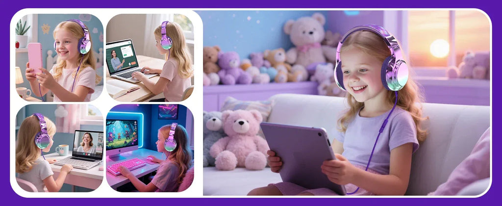 Kids Headphones Wired for School 85/94dB Volume Limiter Foldable Stereo Sound Headset with Mic for Kids Girls Learning Tablet PC Tidesmit