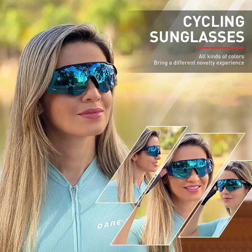 SCVCN cycling sunglasses with blue mirrored shield lenses and dark wrap frame