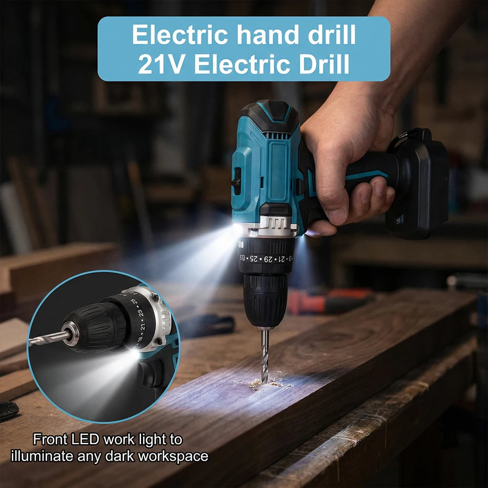 Podofo Multifunctional Cordless Impact Drill Rechargeable Electric Hammer Screwdriver With 25+3 Clutch 2 Speed Adjustable, Delay LED Work Light Forward Reverse Rotation Household DIY Power Tool For Multi Material Drilling