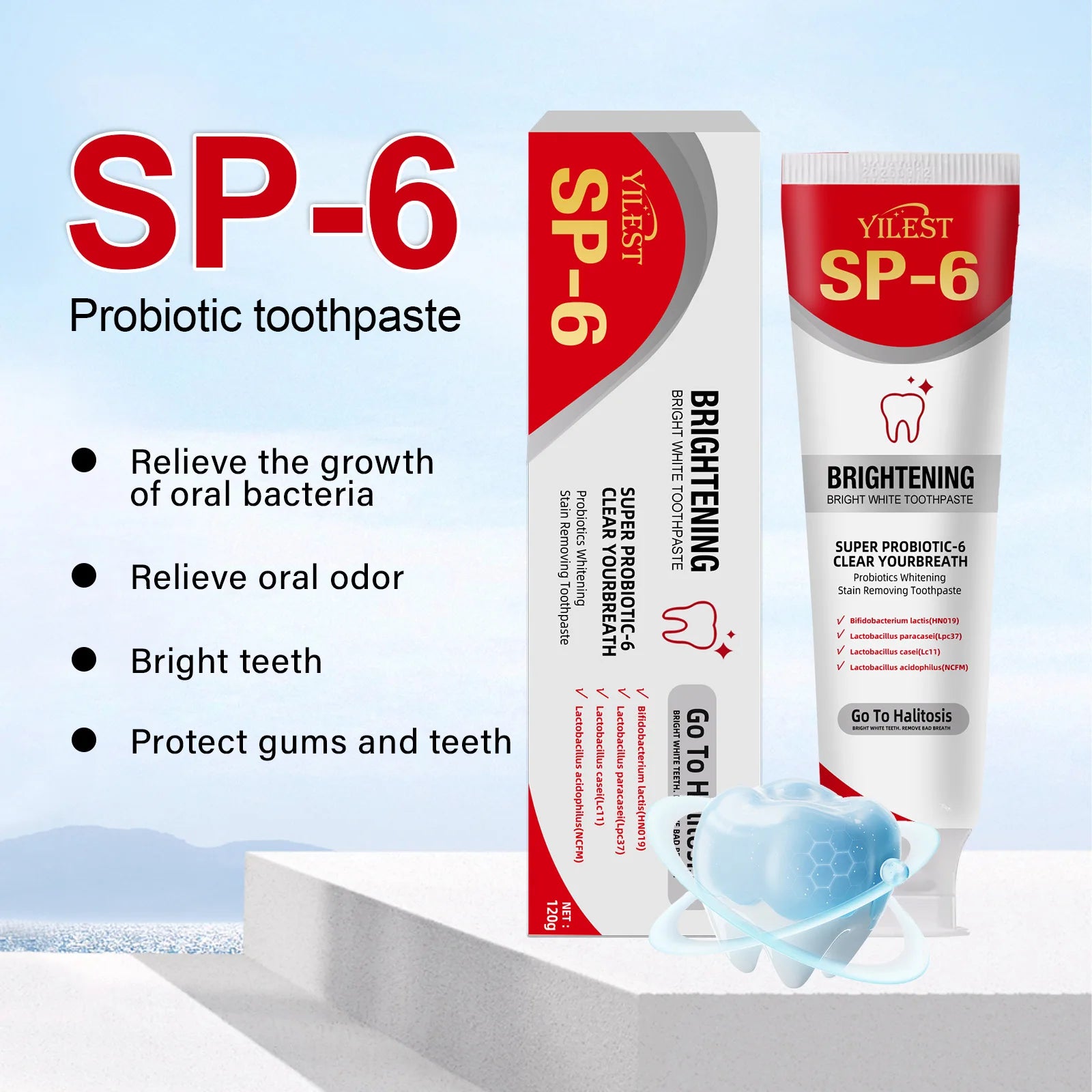 Tidesmit SP-6 Probiotic Whitening Toothpaste for plaque removal and gum care in 120g tube