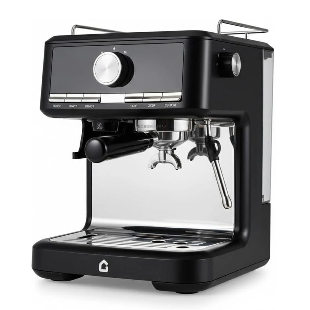 Gevi matte black espresso machine with stainless steel portafilter, steam wand, and digital control knob.