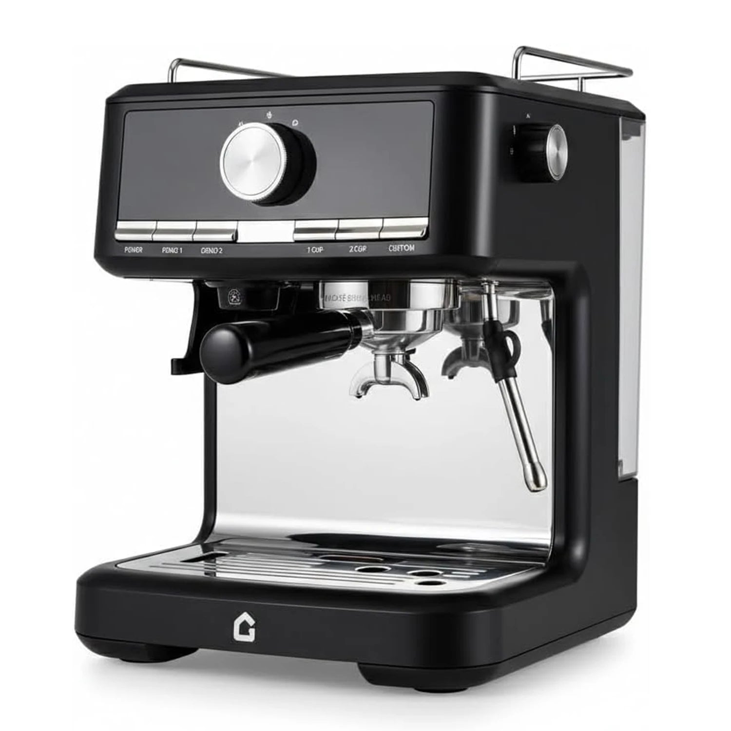 Gevi matte black espresso machine with stainless steel portafilter, steam wand, and digital control knob.