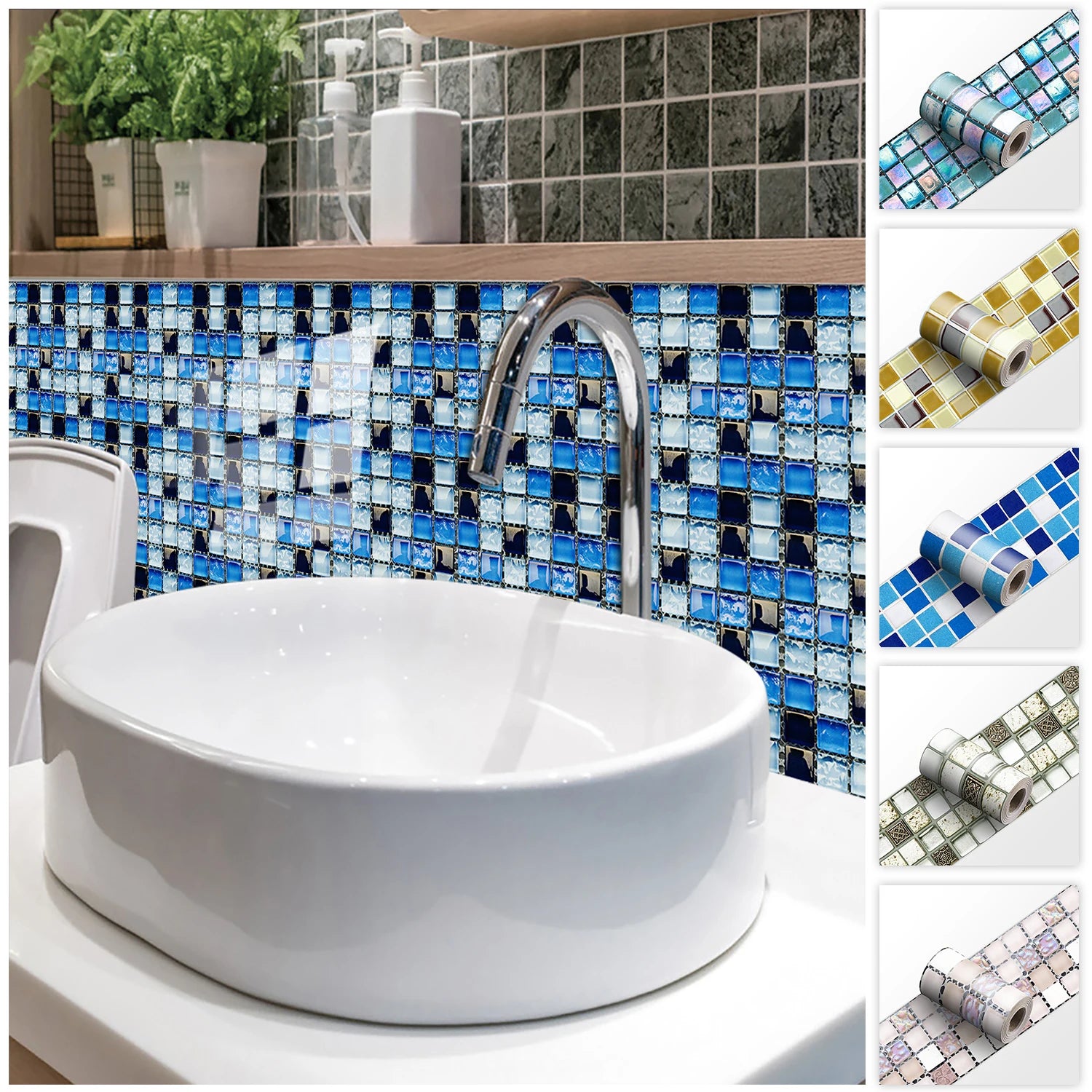 26 Styles 2D Mosaic Tiles Wall Sticker Waist Line Skirting Strip Peel & Stick Bathroom Kitchen Backsplash Home Decor Wall Decals