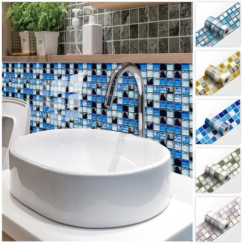 Blue mosaic tile wall sticker border strip with glossy glass-style square pattern