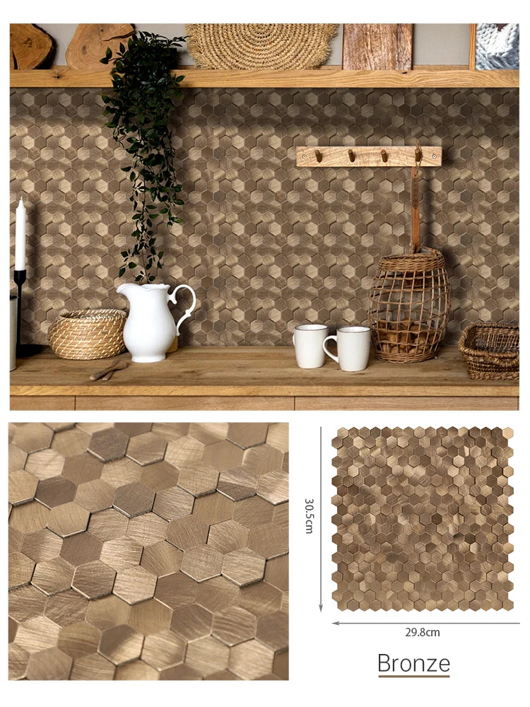 Bronze hexagon 3D metal peel-and-stick backsplash tiles, self-adhesive wall squares