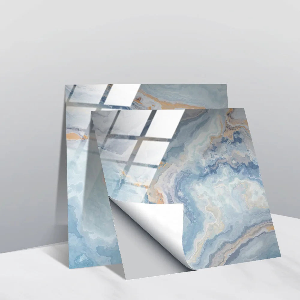 Self-adhesive faux stone tile wall stickers, blue marbled pattern with gold lines