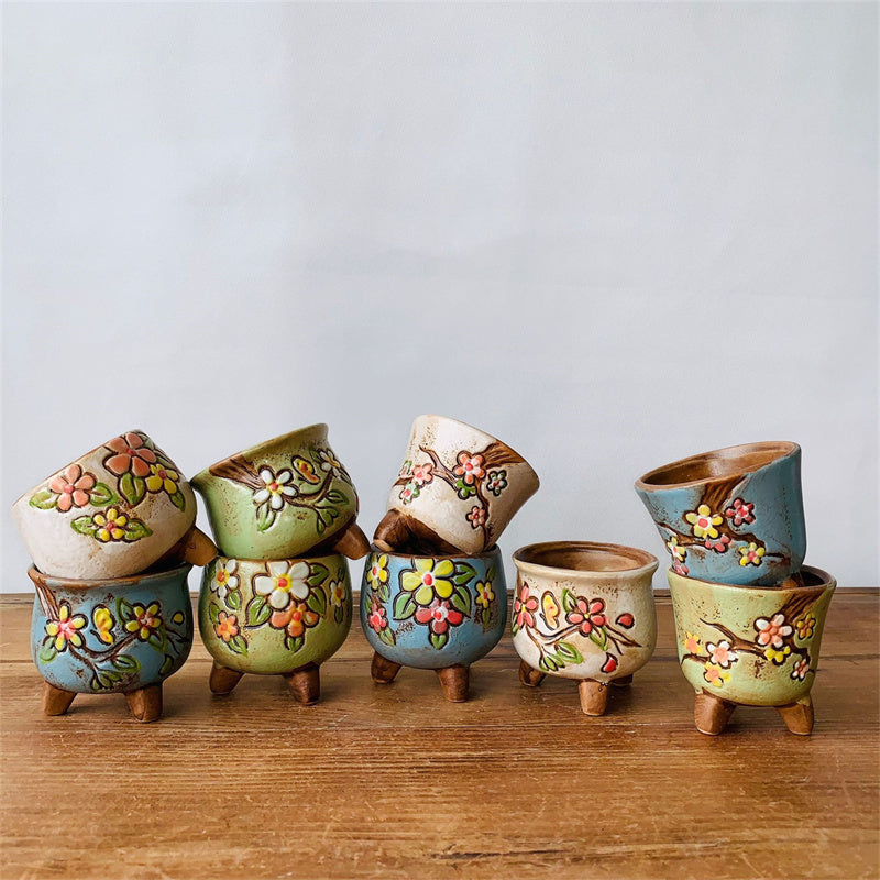 1pcs Simple Fleshy Ceramic Hand-painted Fresh Thumb Pot Coarse Pottery Permeable Pot Peach Egg Flesh Flower Pot Garden Supplies