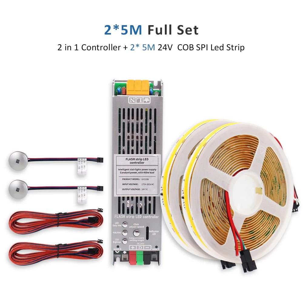 2-in-1 controller kit with two 5M COB LED strip segments, sensors, and wiring