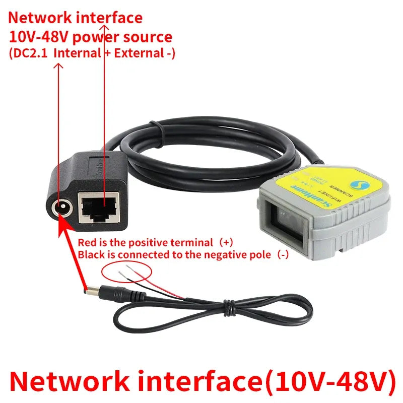 ScanHome barcode scanner network interface with 10–48V power leads and RJ45 port