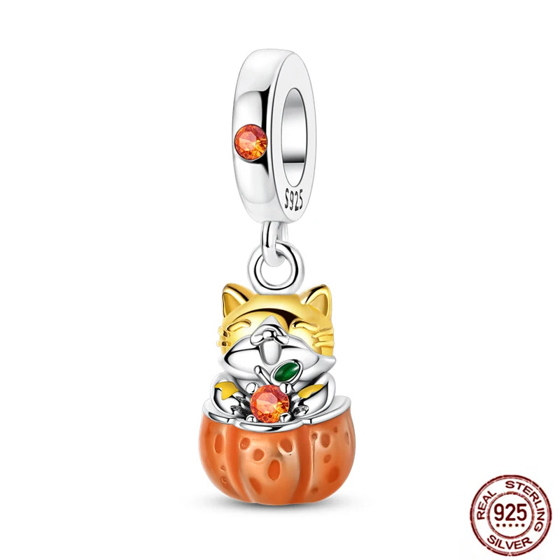 Cute 925 sterling silver cat in pumpkin charm for DIY bracelets. Jewelry gift for pet lovers with orange gemstones.