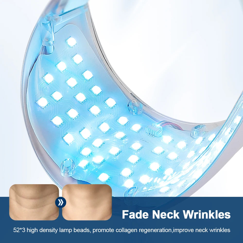 Close-up of a curved LED facial neck mask with bright blue light therapy bulbs and a before/after neck skin graphic.