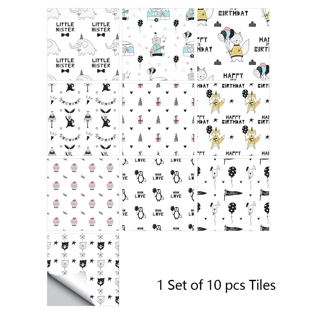 Set of 10 mosaic tile stickers with white background and birthday-themed icons