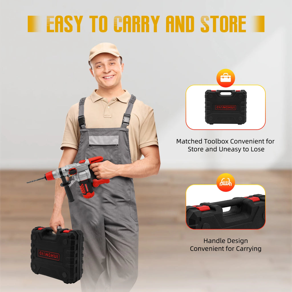 2200W Rotary Hammer Drill with 6 Drill Bits & Toolbox, 4 In 1 Electric Concrete Perforator, Multi-Function Electric Hammer Kit