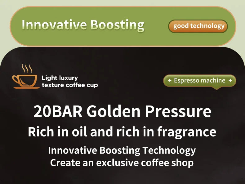 20-bar espresso machine with innovative boosting technology for rich, aromatic coffee in a light luxury aesthetic.