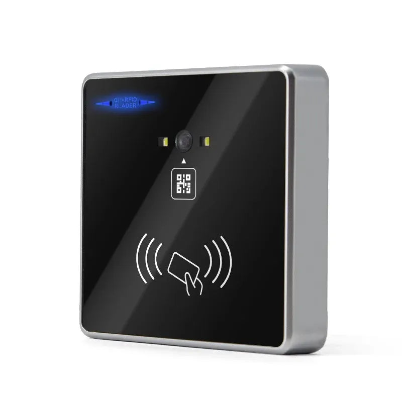 RFID card reader with QR code and access icons, black face and gray housing