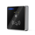 RFID card reader with QR code and access icons, black face and gray housing