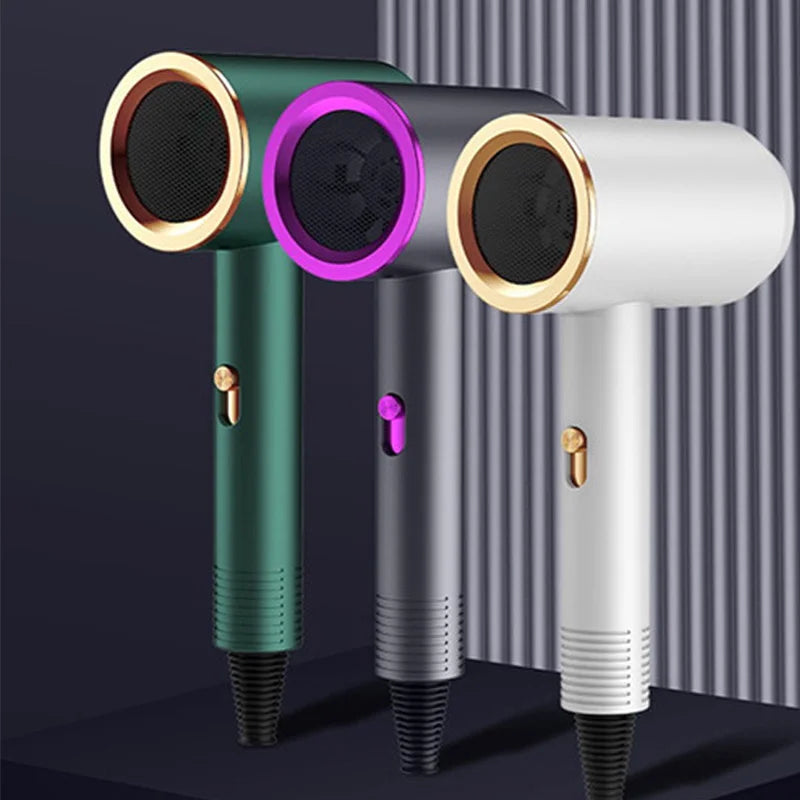 Three high-power negative ion hair dryers in green, grey, and white with modern, silent, quick-dry design.