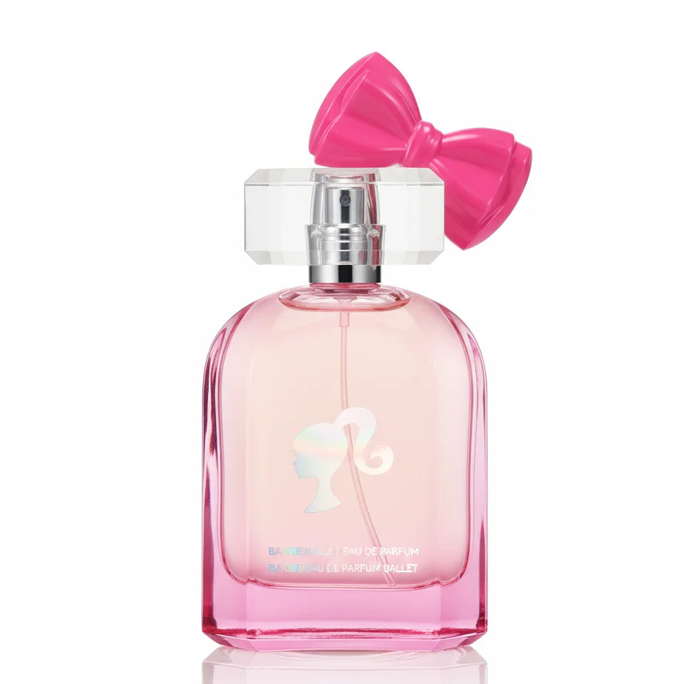 MINISO x Barbie Ballet Eau de Parfum: Pink floral fruity scent in a glass bottle with a signature pink bow cap.
