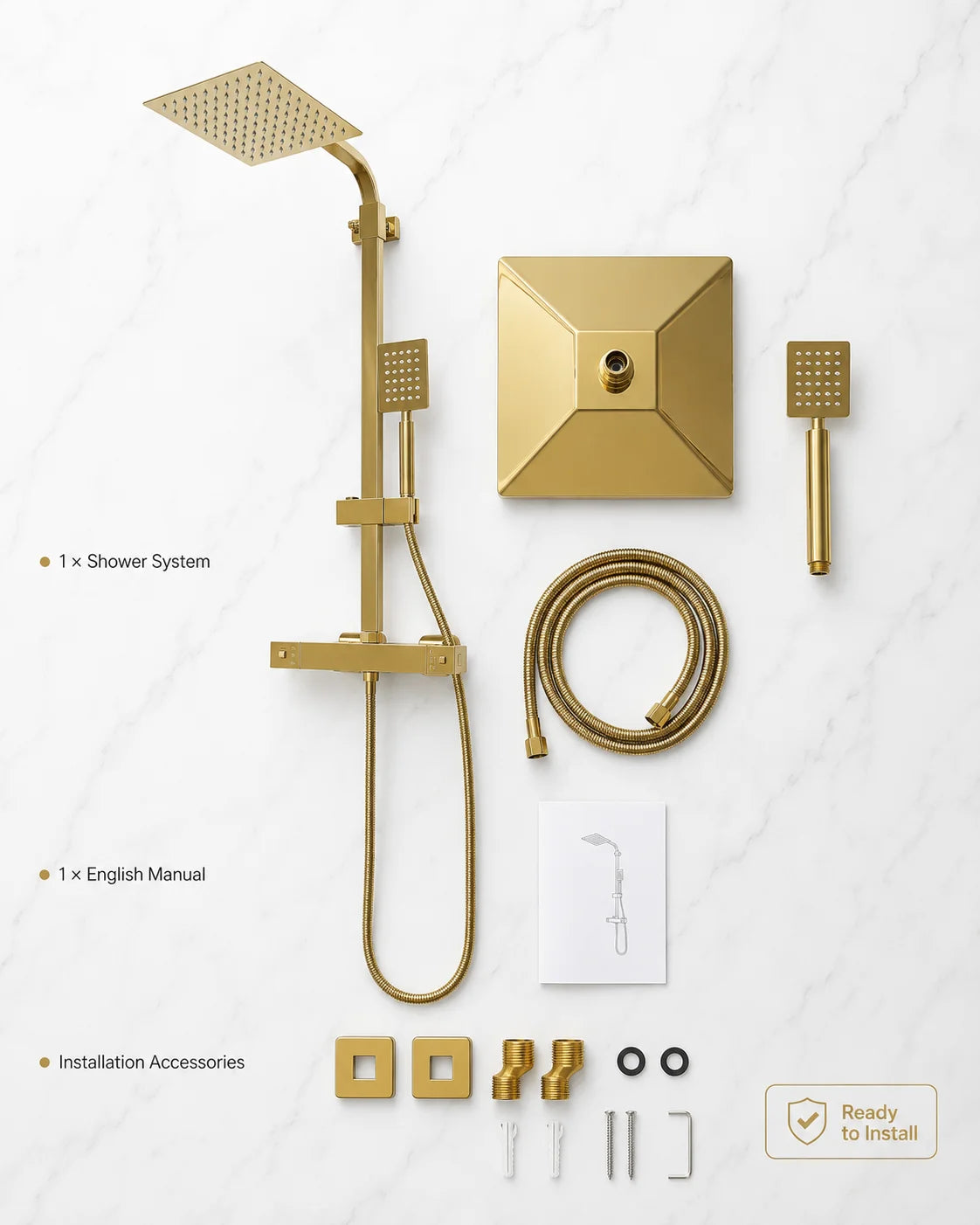 Thermostatic Shower System with Rain Shower Head, Gold Brass Shower Column Set, 304 Stainless Steel 180° Rotating Overhead Shower, 2-Button Temperature Control 0-176°F, Height Adjustable, Anti-Tangle Hose, for Hotel Home KT