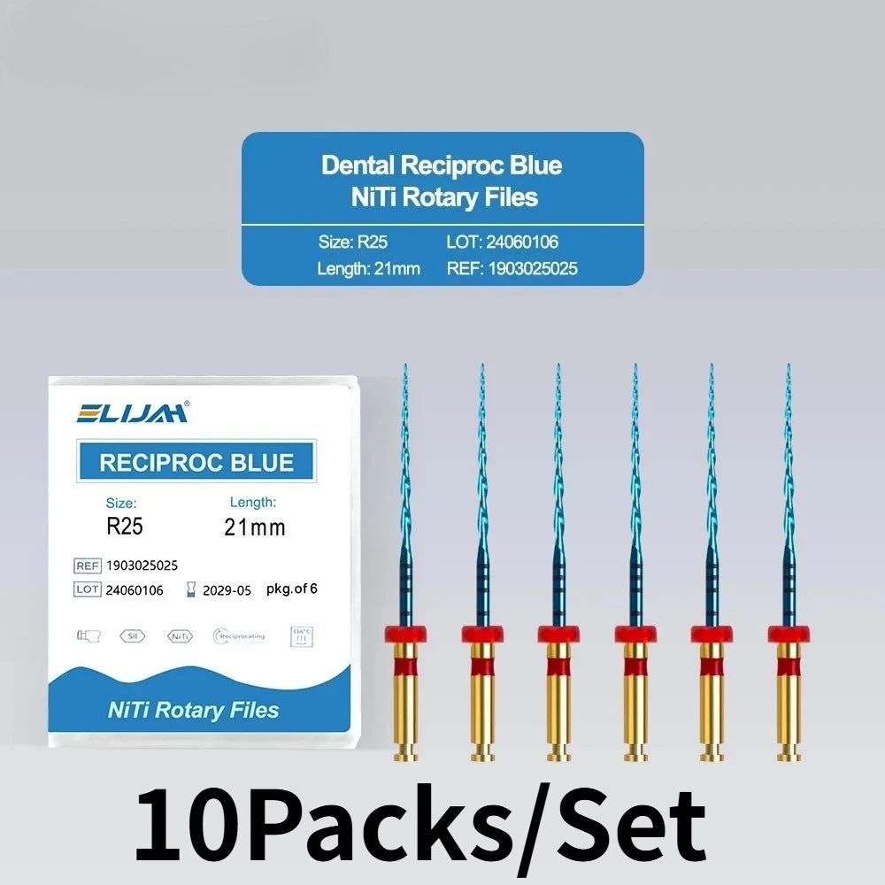 SYJH Blue NiTi dental reciprocating rotary root canal files, 21mm R25, 10-pack set for endodontic engine use.