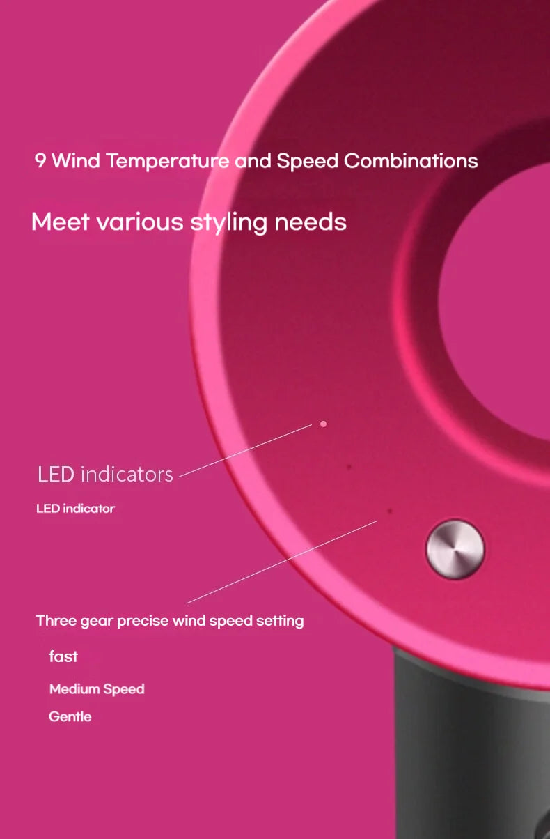 Pink high-speed bladeless negative ion hair dryer with LED speed settings and precise heat control buttons.