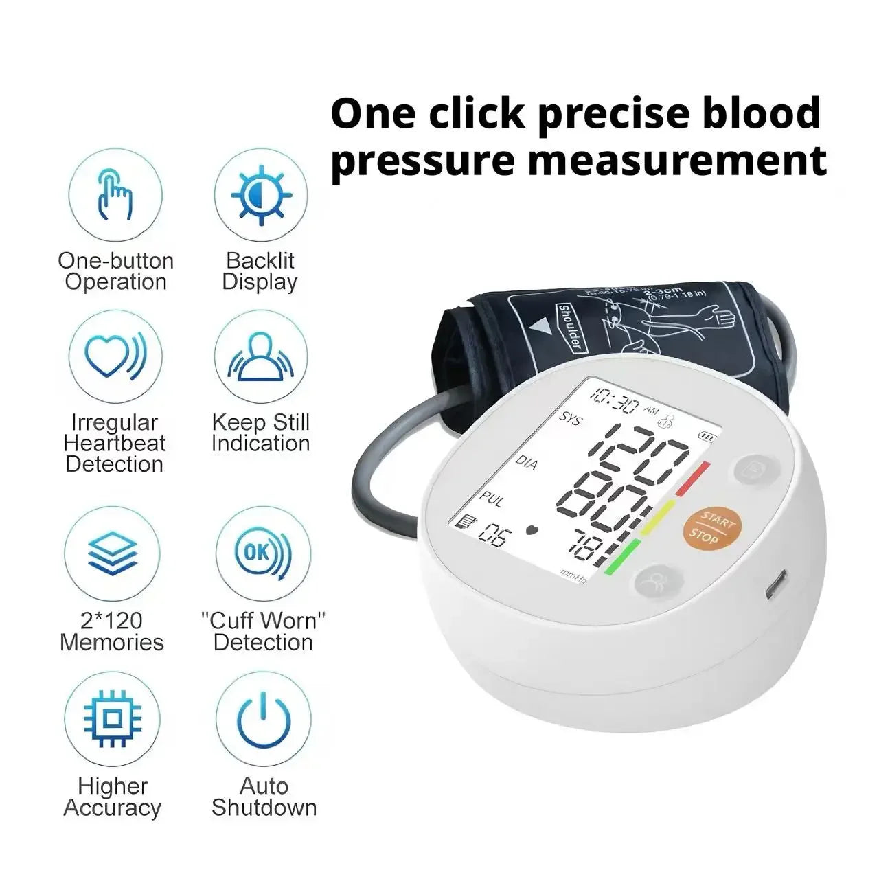 One Click Measure Round Arm Blood Pressure Monitor Automatic Backlight High Accurate Electronic BP Measuring Machine Home