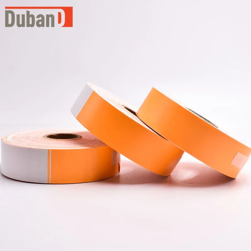 Thermal QR barcode wristband roll, orange self-adhesive strips on backing paper