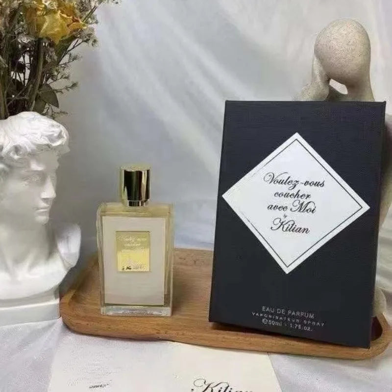 Kilian Voulez-vous Coucher Avec Moi unisex EDP 50ml, a square glass bottle with gold cap, oriental niche perfume.