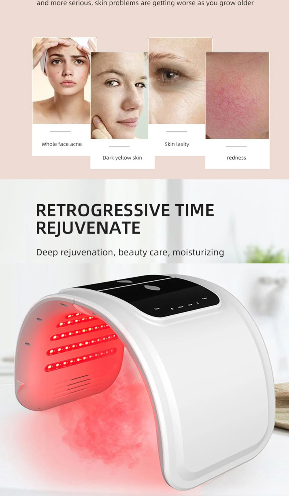 White arched LED facial therapy device emitting red light, with a black control panel and skin condition illustrations.