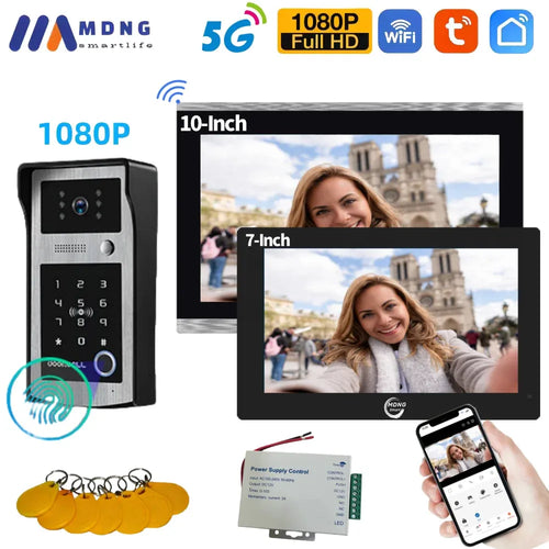 Smart WiFi video door intercom system with keypad doorbell and 10-inch and 7-inch monitors