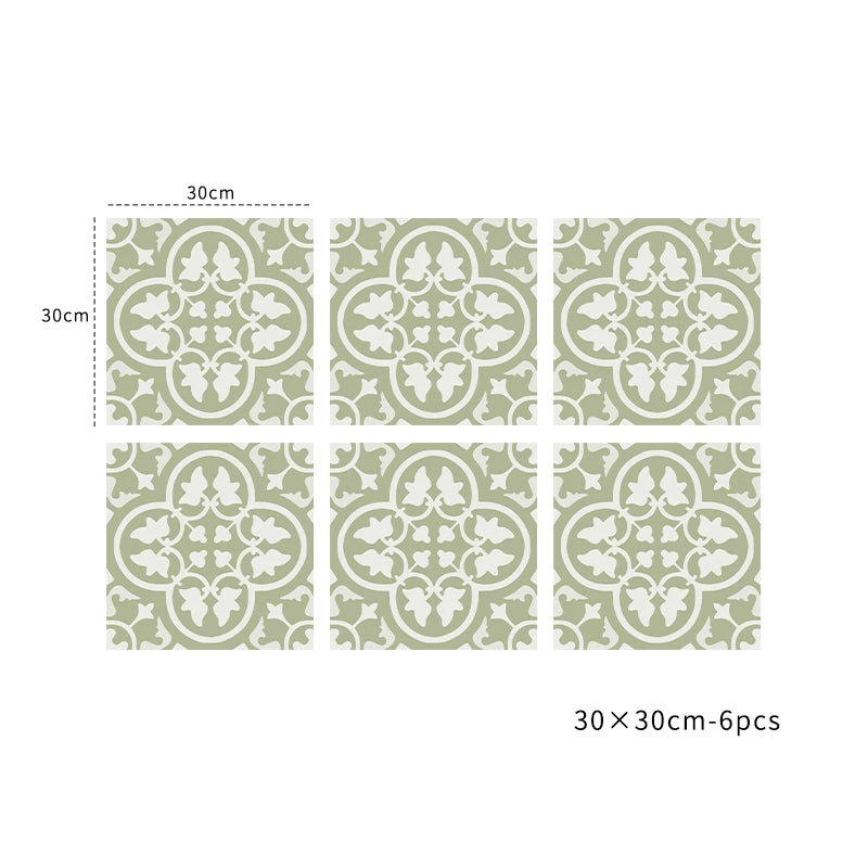 Peel-and-stick vinyl tile set, green quatrefoil pattern, 6pcs 30x30cm
