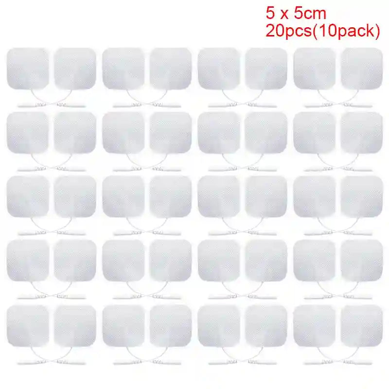 Twenty 5x5cm square white TENS electrode pads with lead wires for muscle stimulation and pain relief.