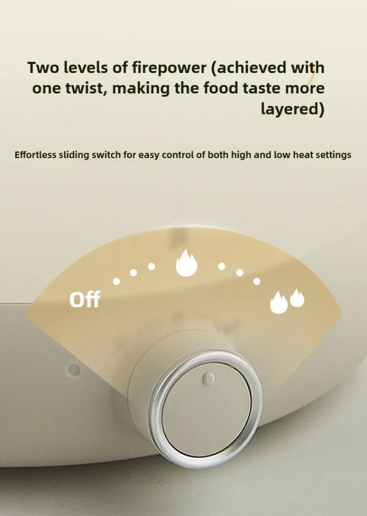 Electric hot pot base with round power knob and off indicator lights.