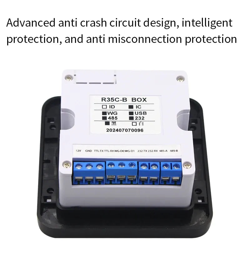 QR code access reader control box with terminal wiring header and screw ports