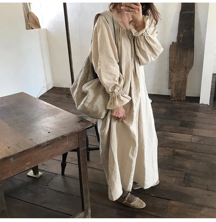 Original New Spring Vintage Cotton Linen Dress for Women Solid Long Sleeve Drawstring Linen One-Piece Dress Maxi Dress