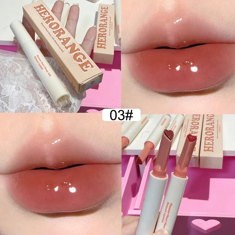 Herorange heart-shaped moisturizing lipstick pen with glossy, mirror-finish Korean jelly lip glaze in shade 03#.
