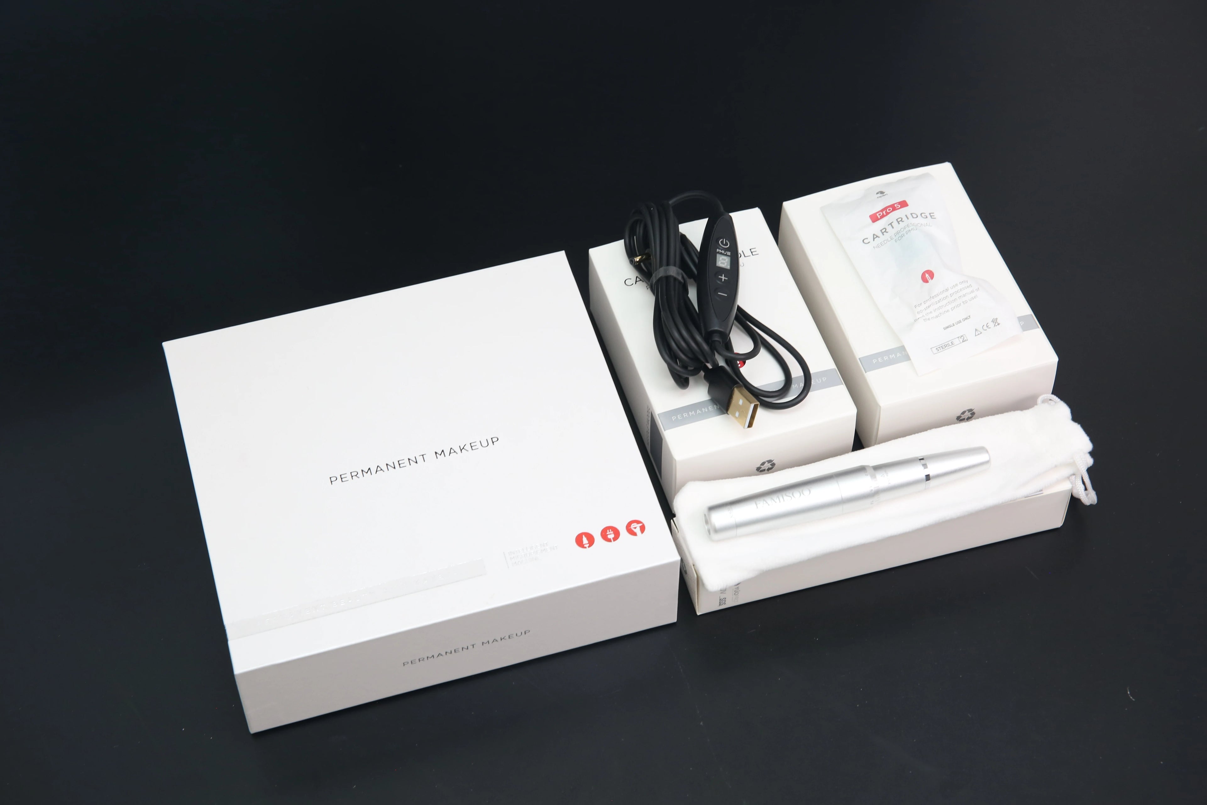 Permanent makeup machine kit with silver pen, power cable, and needle cartridges in white boxes.