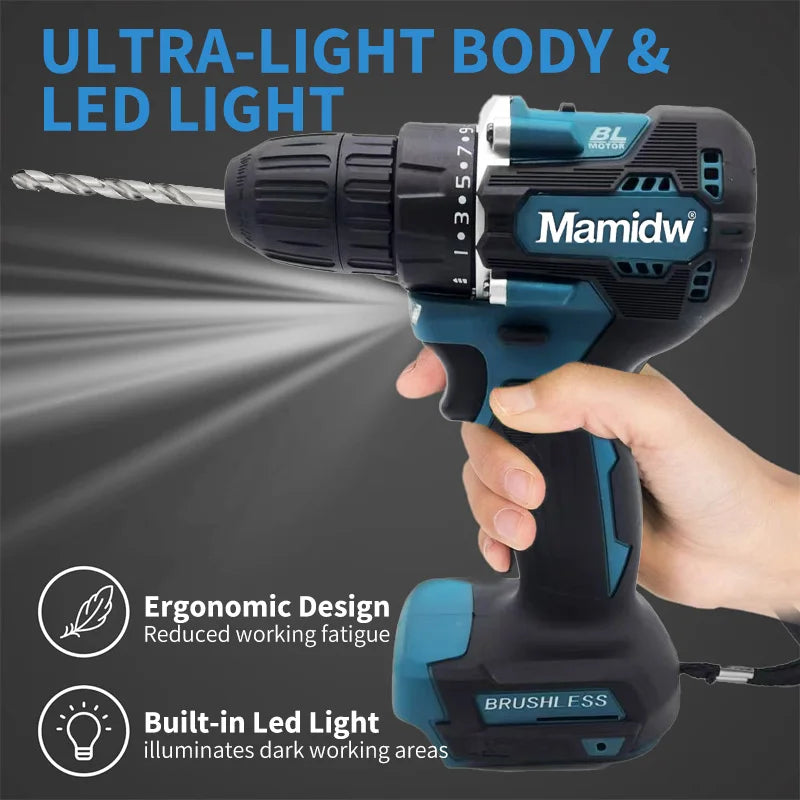 Mamidw 18V Brushless Cordless Drill, 2 Speed Adjustable Handheld Power Drill, Multi Torque Setting Electric Drill for Wood Metal Screwdriving & Drilling, Compatible with Makita 18V Battery PIN.