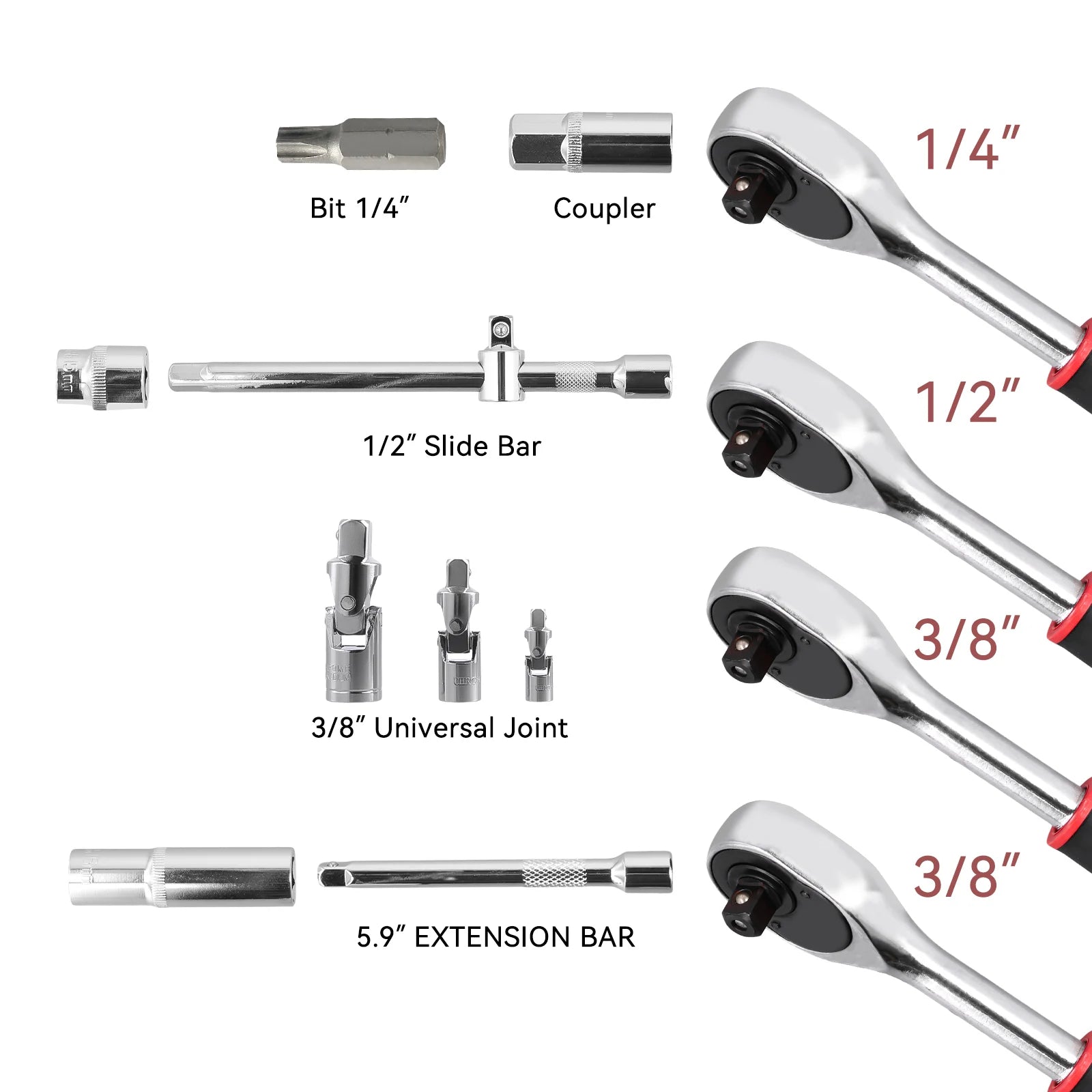Podofo 172pcs Reversible Ratchet 24 tooth Ratchet Socket Wrench Set Car Repair Tool Ratchet Torque Wrench Combo Kit 1/2'' 3/8'' 1/4'' Sockets Bits Dual-Material Handle