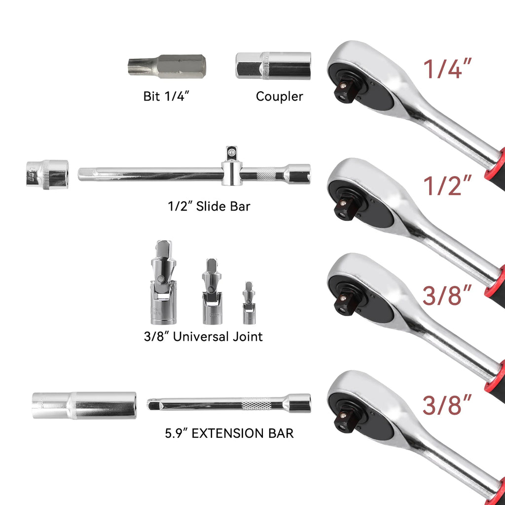 Podofo 172pcs Reversible Ratchet 24 tooth Ratchet Socket Wrench Set Car Repair Tool Ratchet Torque Wrench Combo Kit 1/2'' 3/8'' 1/4'' Sockets Bits Dual-Material Handle