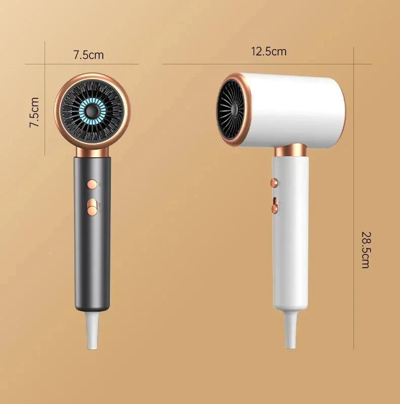 2000W professional ionic hair dryer in white and grey with gold accents, showing compact dimensions and 5-speed control.