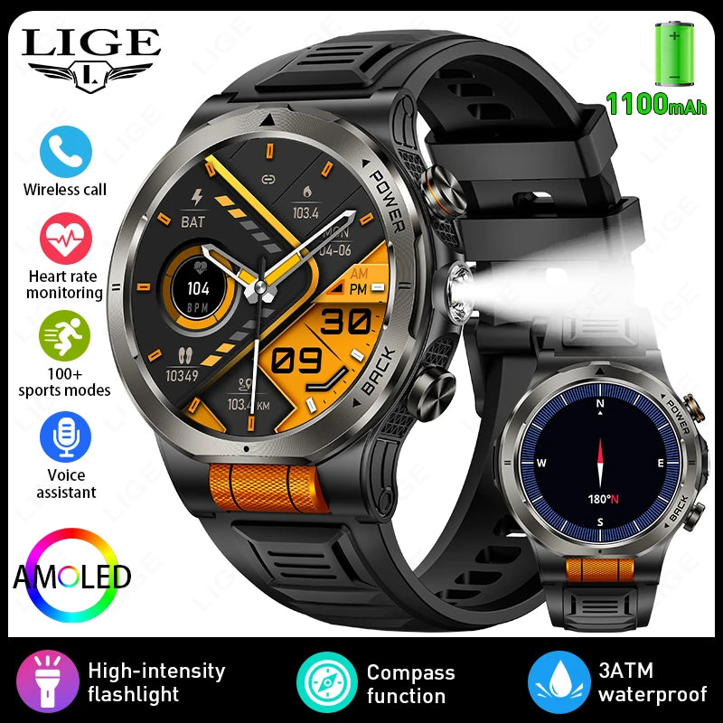 LIGE black smartwatch with orange accents and compass screen; 3ATM waterproof and flashlight.
