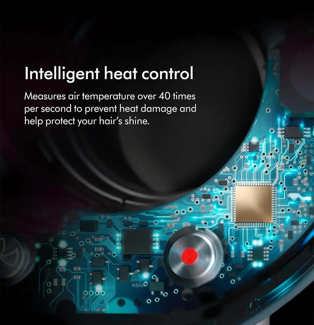Circuit board detail of 110,000rpm high-speed hair dryer showing intelligent heat control for damage-free hair drying.