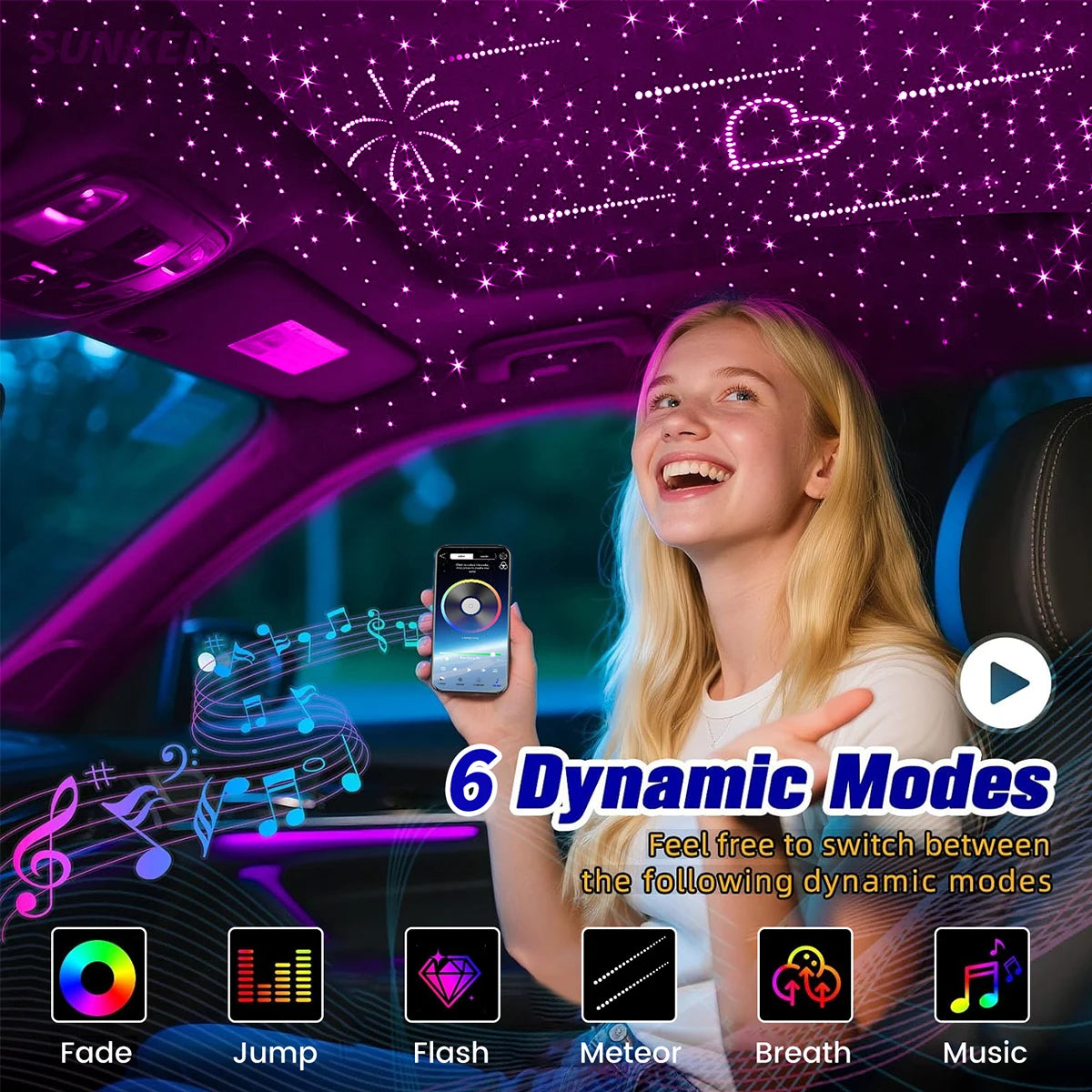 Twinkle & Meteor Starlight Headliner Kit for Car Strands for Ambient Interior Decor 32W RGBW Fiber Optic Star Light Engine