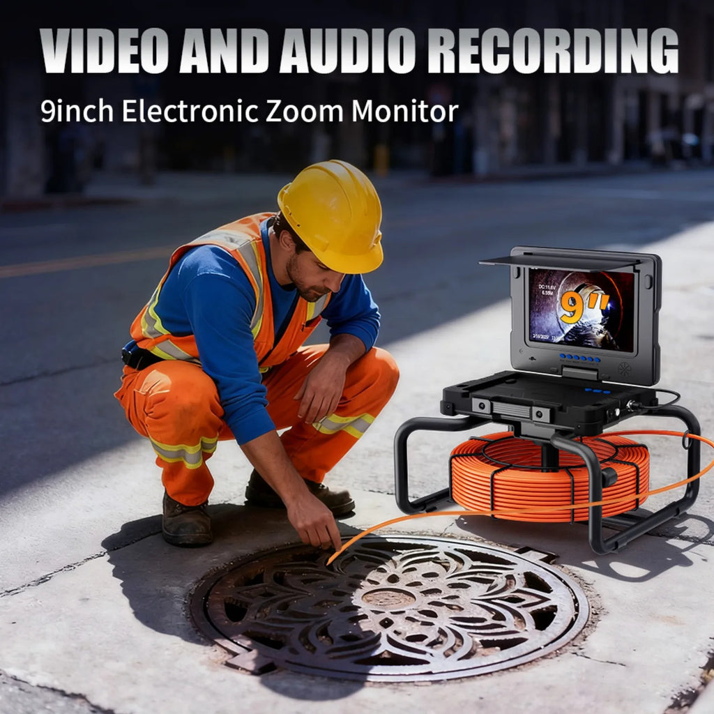 512Hz Self-Leveling Sewer Camera with Meter Counter,9"1080P DVR Drain Inspection Camera,7MM Diameter Cable 32GB TF Card 12 Leds