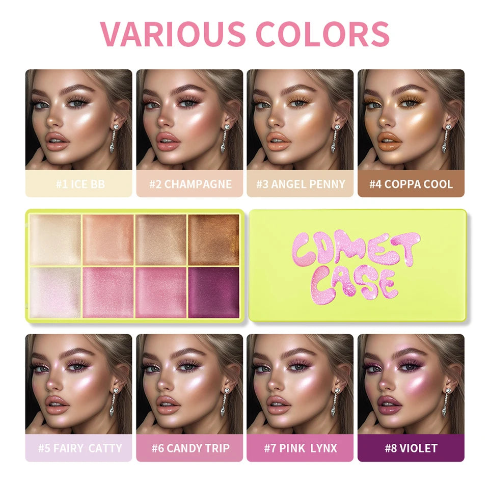Tidesmit 8 color cream highlighter palette texture swatch for glowing face makeup and shimmering waterproof finish