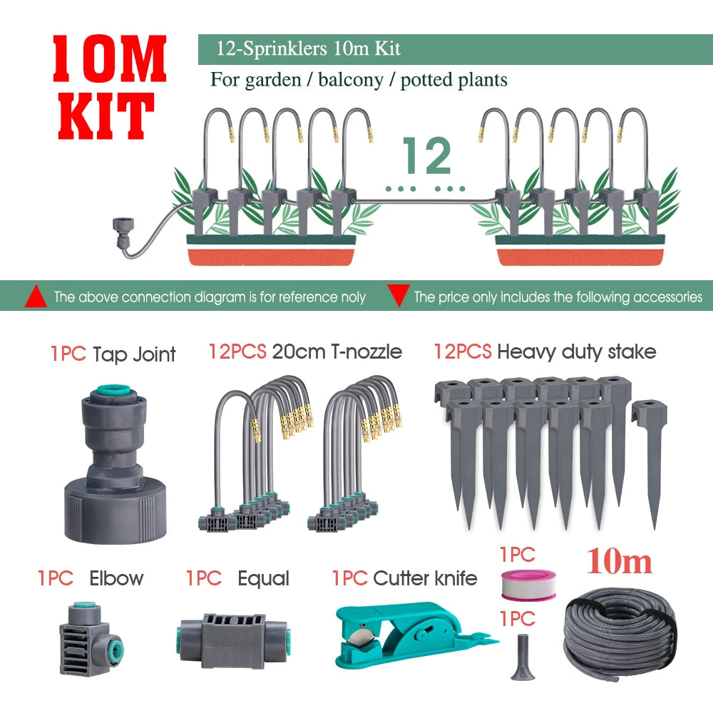 10m garden misting kit with 20cm t-nozzles, stakes, connectors, cutter, end plug, and hose